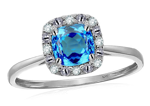 Star K 14 kt White Gold Classic Cushion-Cut Blue Topaz Designer Halo Ring