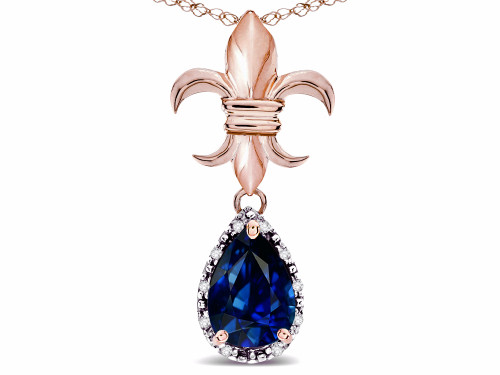 Star K Pear Shape 8x6mm Created Sapphire Fleur De Lis Pendant Necklace 10k Rose Gold 313046AP