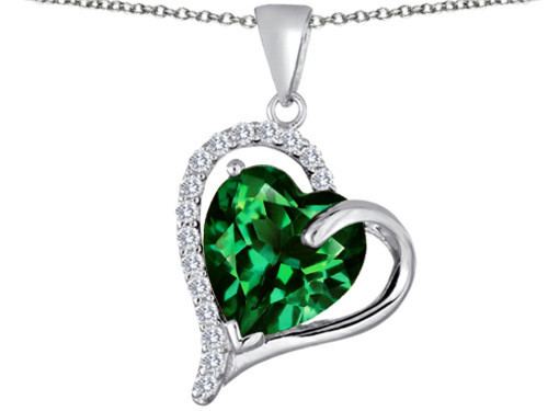Star K Heart Shape 12mm Simulated Emerald Double Heart Love Pendant Necklace in Sterling Silver
