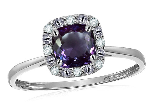 Star K 10 kt White Gold Classic Cushion-Cut Simulated Alexandrite Designer Halo Ring - 304723AF6