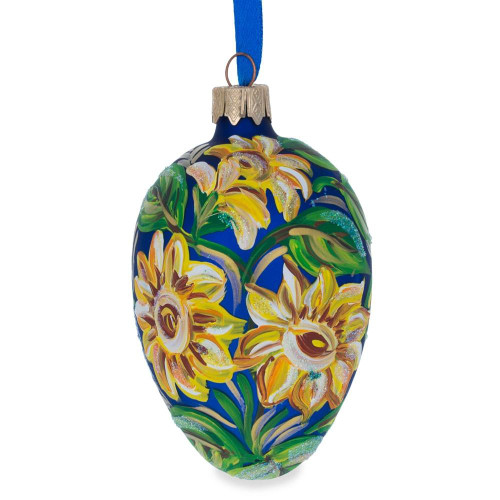 Sunflowers on Blue Glass Egg Christmas Ornament