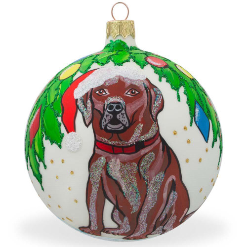 Chocolate Labrador Dog in Santa Hat Glass Ball Christmas Ornament 4 Inches
