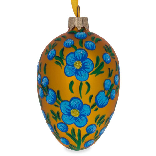 Blue Flowers on Orange Glass Egg Ornament