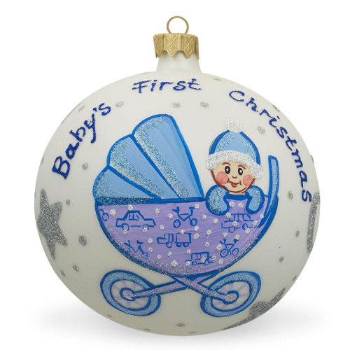 Boy in Stroller Glass Ball Baby's First Christmas Ornament 3.25 Inches