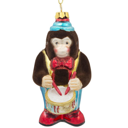 Fluffy Monkey Playing Drums Glass Christmas Ornament 4 Inches