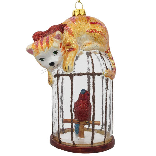 Curious Cat on a Parrot Bird Cage Glass Christmas Ornament 5 Inches