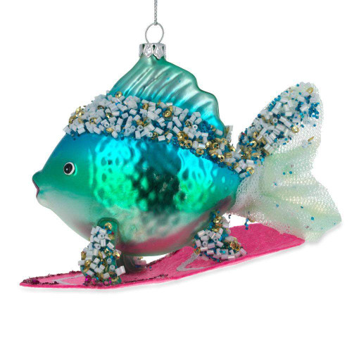 Blue Fish Surfing Glass Christmas Ornament