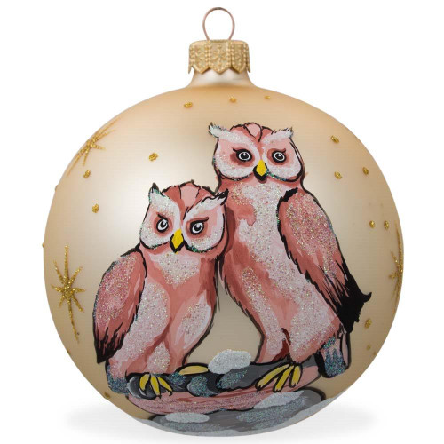 Two Owls Bird Glass Ball Christmas Ornament 4 Inches
