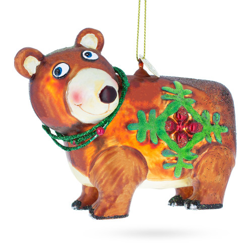 Brown Bear with Poinsettia Glass Christmas Ornament