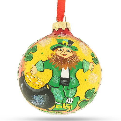 Leprechaun & Pot of Gold Glass Christmas Ornament 4 Inches