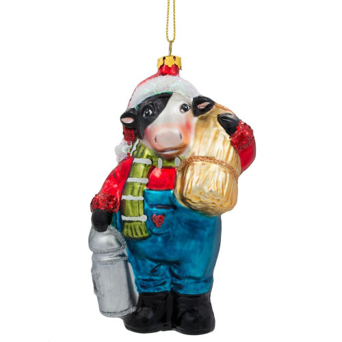 Cow Carrying Milk Jug Glass Christmas Ornament 5.5 Inches
