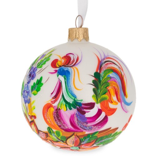 Rooster With Flowers Glass Ball Christmas Ornament