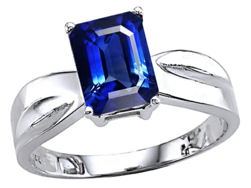 Tommaso Design Emerald Cut 8x6mm Created Blue Sapphire Solitaire Ring - 25639B8