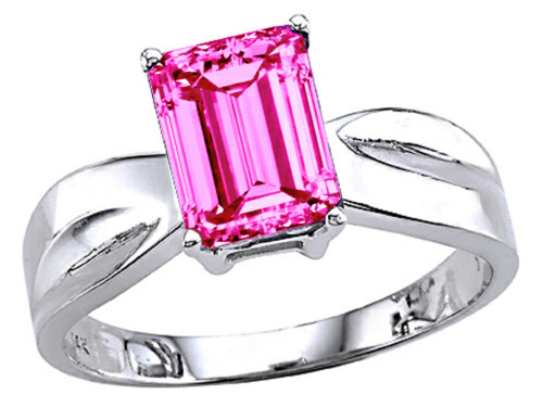 Tommaso Design Emerald Cut 8x6 mm Created Pink Sapphire Solitaire Ring