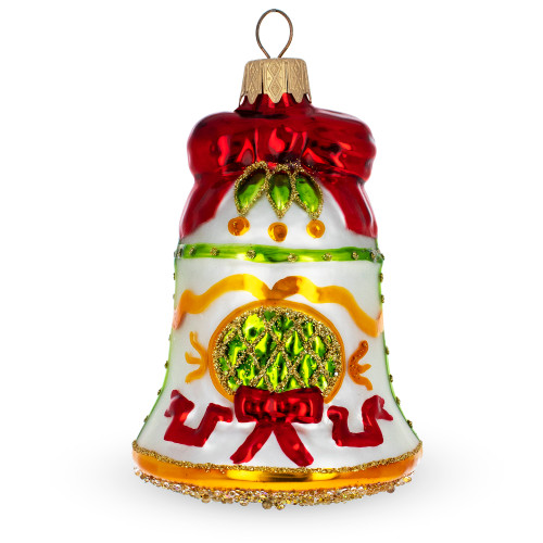 Festive Bell on White Glass Christmas Ornament