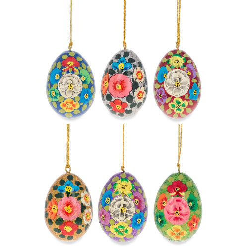 Set of 6 Multicolor Flowers Ukrainian Wooden Easter Eggs Pysanky Ornaments