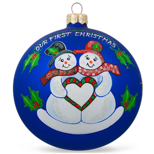 Snowman Couple and Heart Glass Ball Our First Christmas Ornament 4 Inches