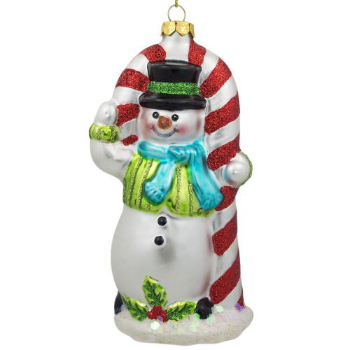 Snowman with the Mint Candy Cane Glass Christmas Ornament 5.25 Inches
