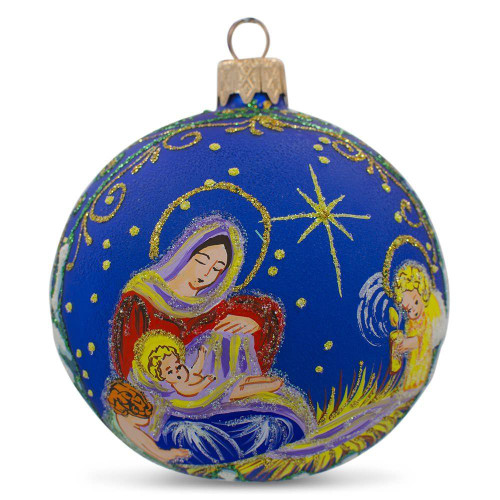 Angels Singing to Baby Jesus Glass Ball Christmas Ornament 4 Inches