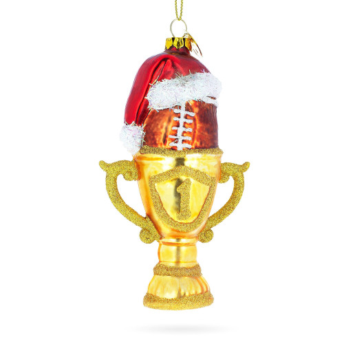 Football Trophy in Santa Hat Glass Christmas Ornament