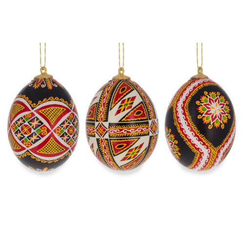 Set of Three Real Eggshell Pysanky Ukrainian Easter Egg Christmas Ornaments 2.5 Inches