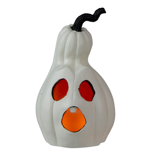 9" White Carved Jack-O-Lantern Pumpkin Halloween Figurine with Timer