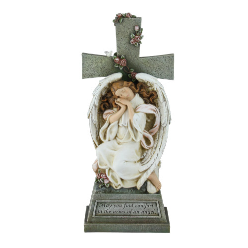 19" Joseph's Studio Angel Resting on Cross with Inspirational Phase Outdoor Garden Statue