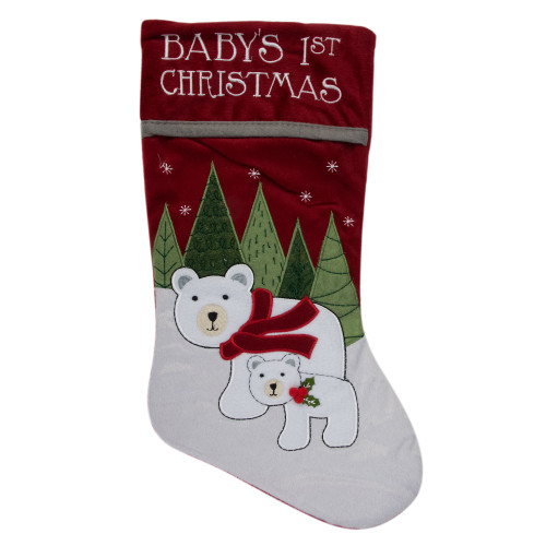 20" Red Baby's First Christmas Stocking with Polar Bears and Plush Red Cuff