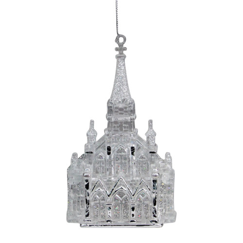 6" Silver Crystal Church with Iridescent Glitter Religious Christmas Ornament