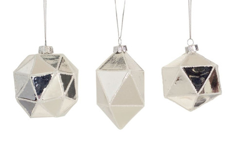 Club Pack of 12 Silver Colored Geometric Shaped Ball, Drop and Onion Christmas Glass Ornament 4"