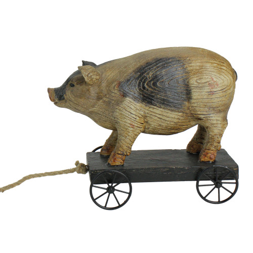 10" Black and White Wood Textured Pig on Cart Outdoor Garden Statue