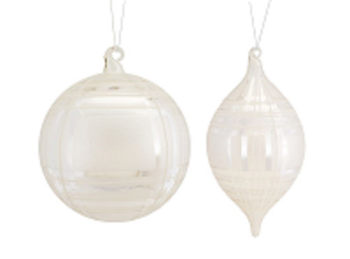 Set of 4 White Shiny Plaid Assorted  Glass Ornaments 10.5-Inch
