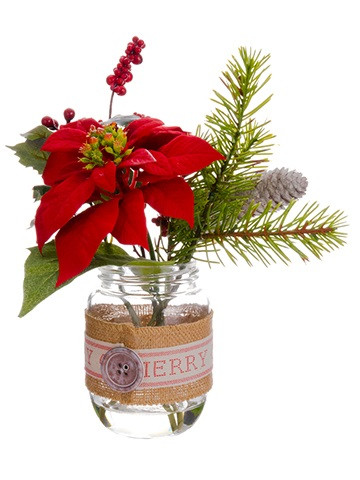9.5" Red and Green Cabin Artificial Pine Tree Needles Winter Floral Arrangement