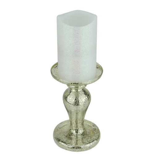 7" Battery Operated Iridescent White Flameless Pillar Candle with Silver Stand