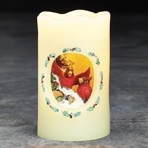 5" Vibrantly Colored Cardinals Scene Flickering Flame-less LED Candle