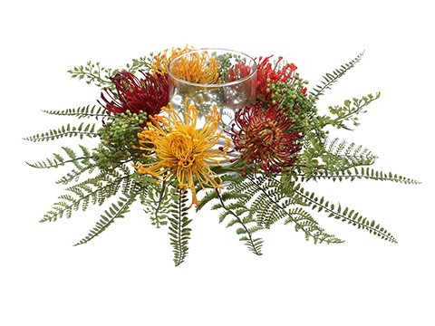 17" Red Protea and Fern Artificial Candle Ring with Glass Pillar Holder
