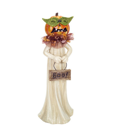 13" Cream and Green Glitter Jack-O-Lantern Halloween Pumpkin Ghost Figure