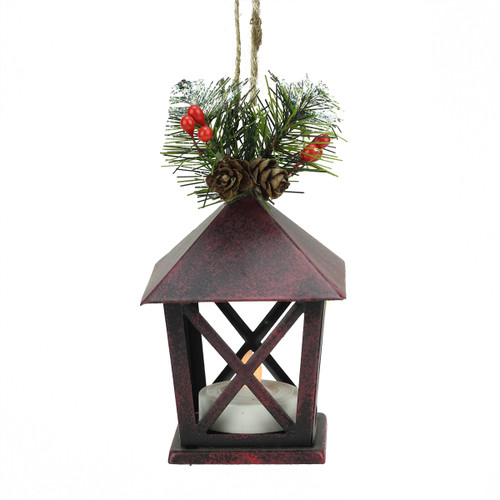 5" Country Rustic LED Lighted Red Tone Candle Lantern with Pine Foliage Christmas Ornament - 32147691