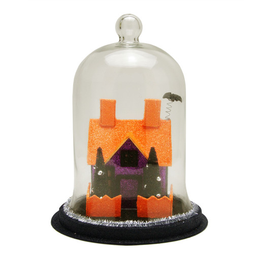 9.75" Clear and Orange LED Spooky House with a Bat on the Roof Halloween Cloche