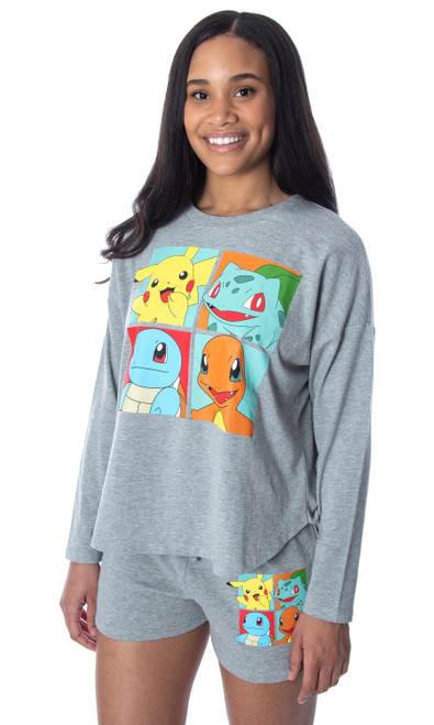 Pokemon Women's Starter Squares 2 Piece Loungewear Pajama Set LS Shirt Shorts - 195566079567