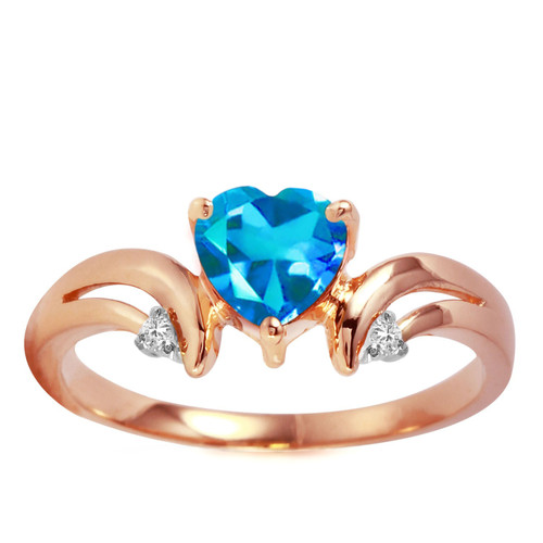 Galaxy Gold  0.96 Carat 14k Solid Rose Gold Ring with Natural Diamonds and Heart-shaped Blue Topaz - Size 7.5