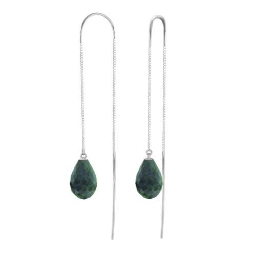 Genuine 14k Solid White Gold Threaded Dangle Earrings with 6.6 Carat (CTW) Natural Briolette Green Corundum