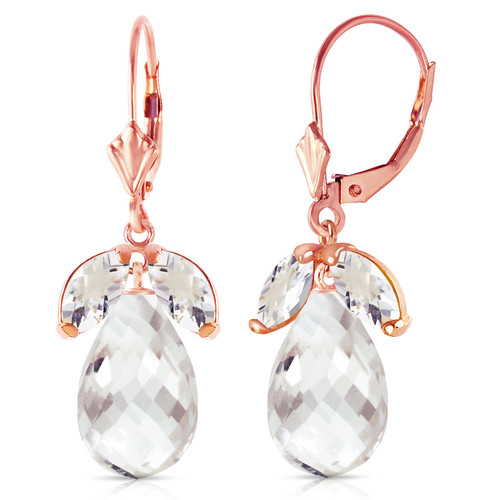 14k Solid Rose Gold Leverback Earrings with Natural White Topaz