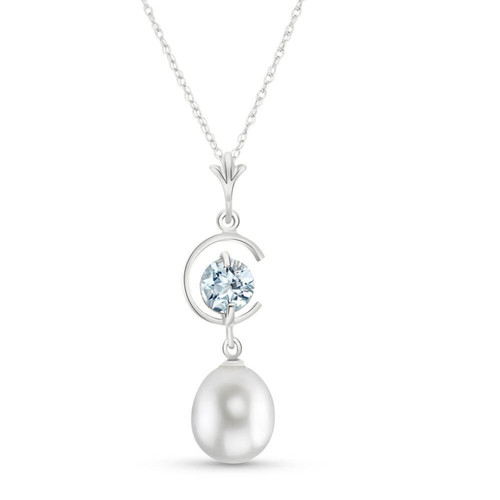 Galaxy Gold  14k 24" White Gold Necklace with Natural Pearl and Aquamarine