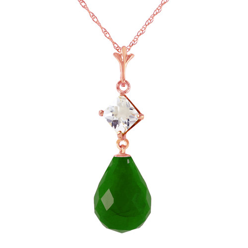 Galaxy Gold  9.3 CTW 14k14" Solid Rose Gold Necklace with Dyed Briolette Emerald and Natural White Topaz Pendant