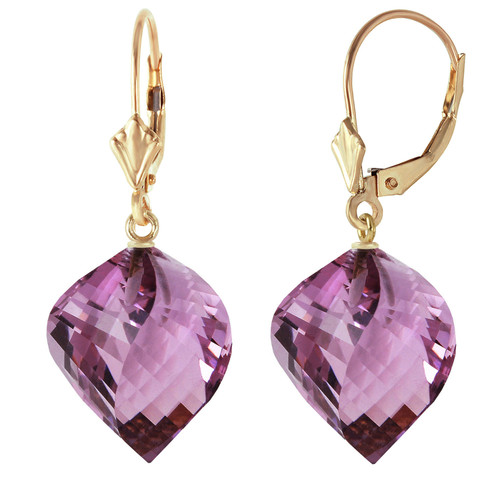 21.5 CTW 14k Solid Gold Leverback Earrings Twisted Briolette Amethyst