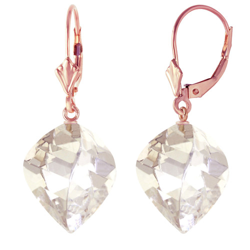 25.6 CTW 14k Solid Rose Gold Leverback Earrings Twisted Briolette White Topaz