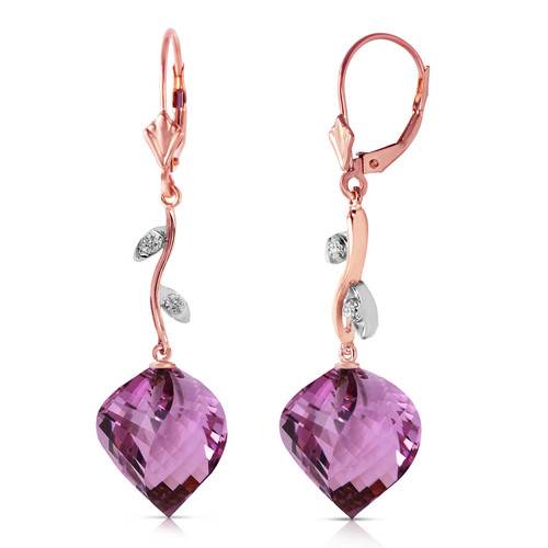 Galaxy Gold  14k Rose Gold Leverback Earrings with Diamonds and Briolette Twisted Amethysts