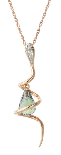 Galaxy Gold  2.28 CT. 14k 18" Rose Gold Snake Necklace with Dangling Briolette Green Amethyst and Diamond