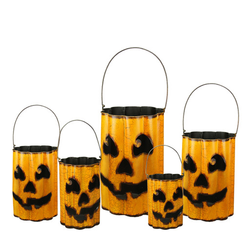 Set of 5 Orange and Black Distressed Jack 'O Lantern Containers 18"